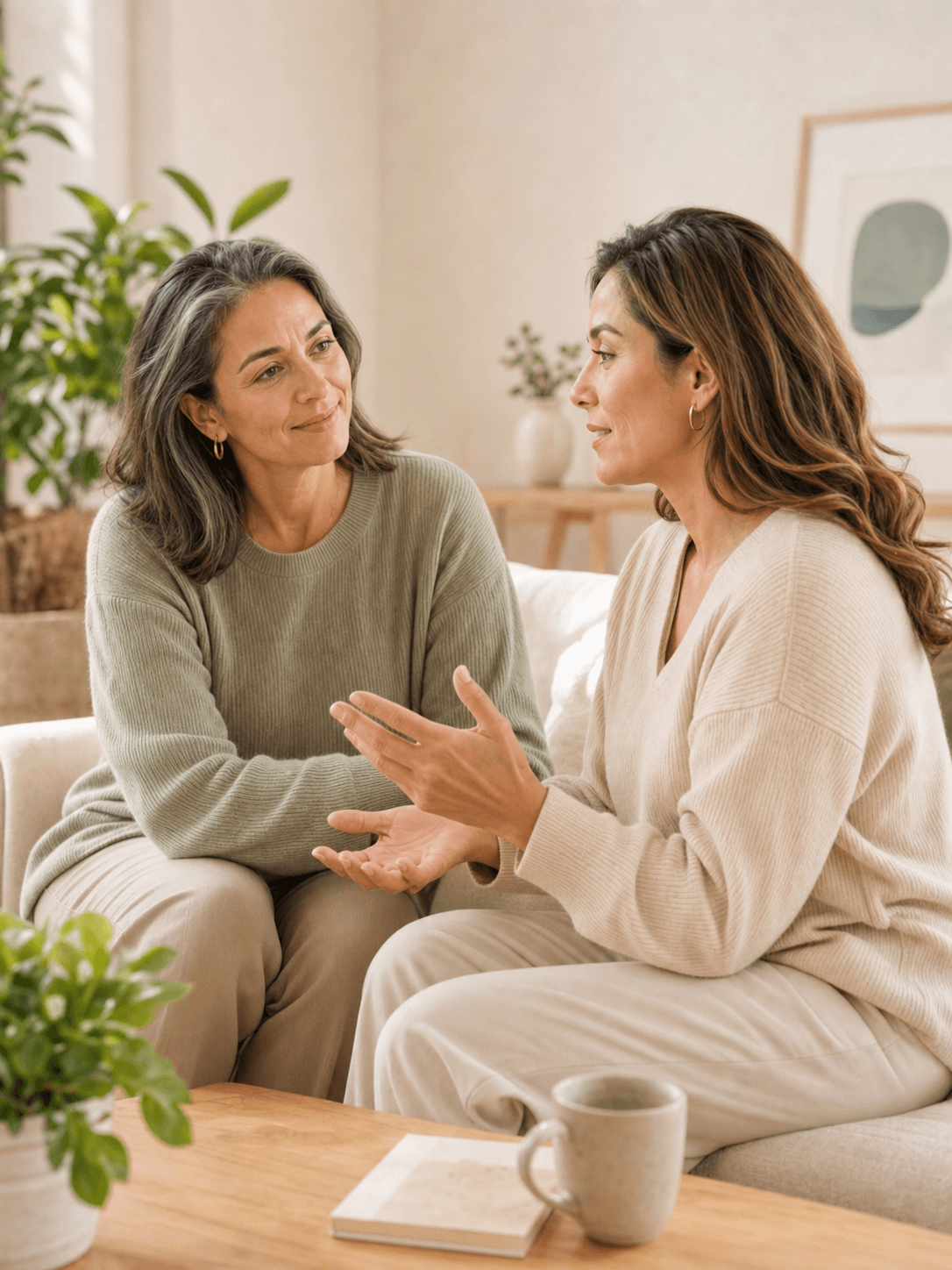 Duas mulheres conversando com empatia, representando apoio e informação sobre saúde na meia-idade.