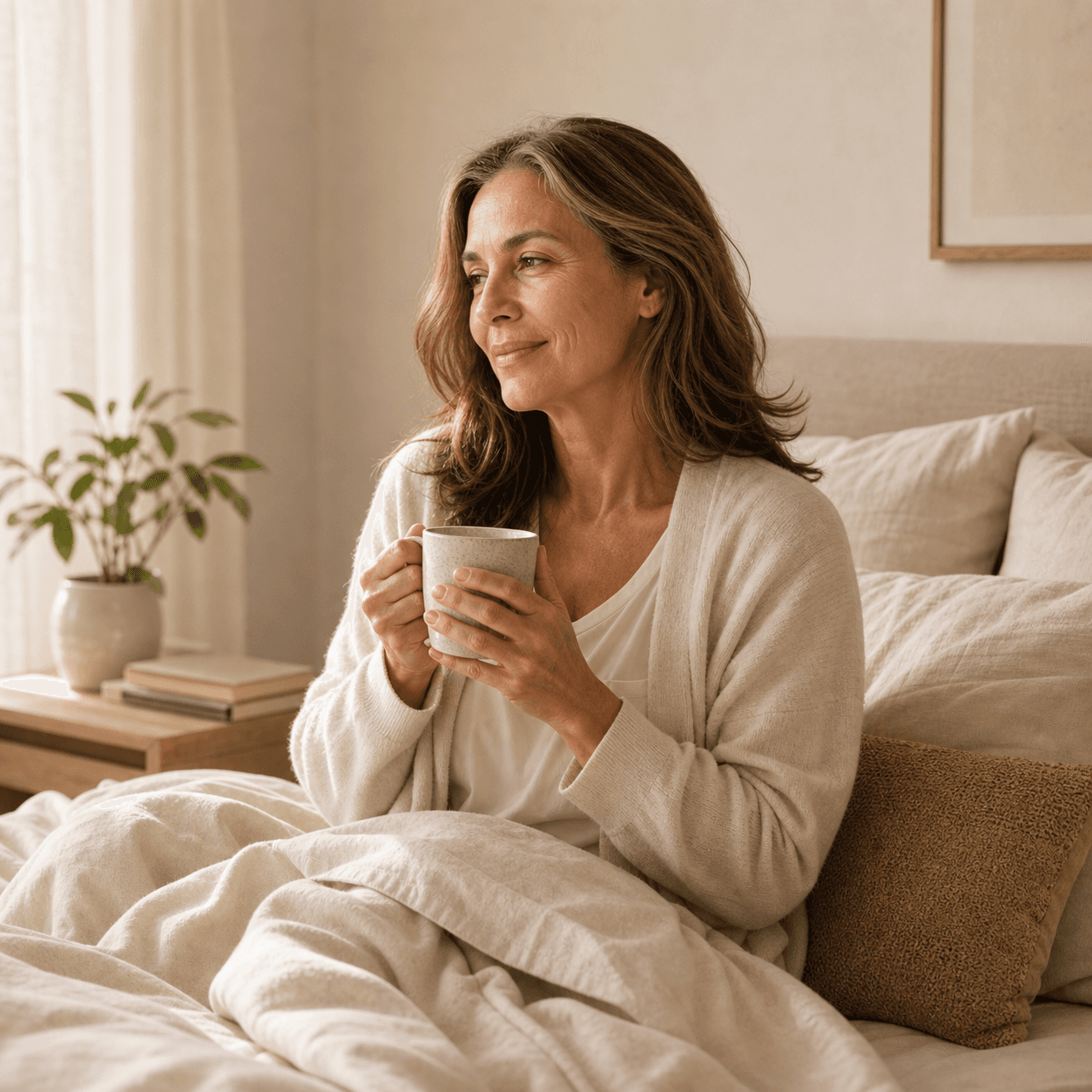 Mulher em momento de descanso matinal com xícara, representando cuidado com sono e pausa.