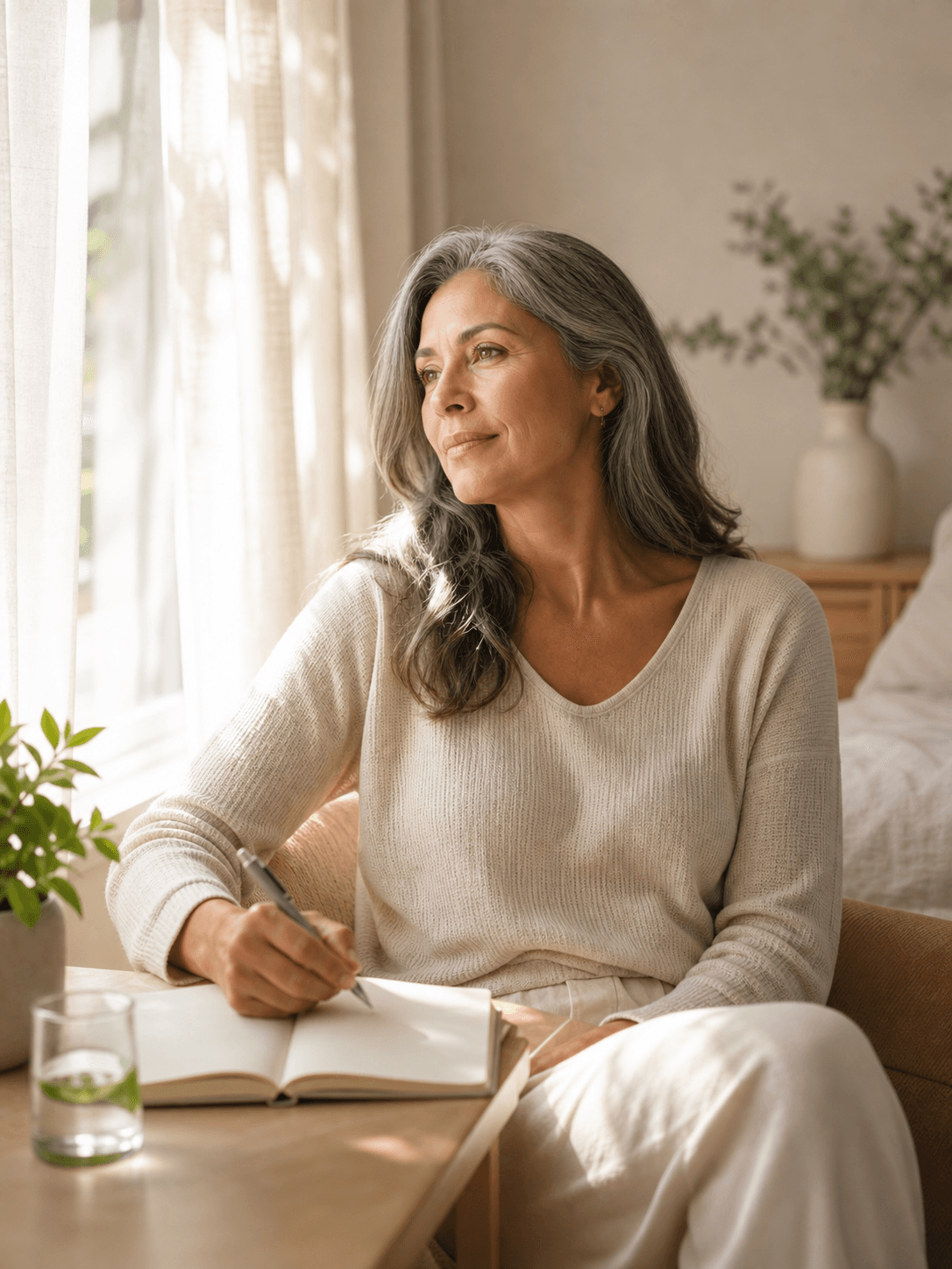 Mulher em momento de autocuidado, luz natural, transmitindo equilíbrio e continuidade do tratamento da menopausa.