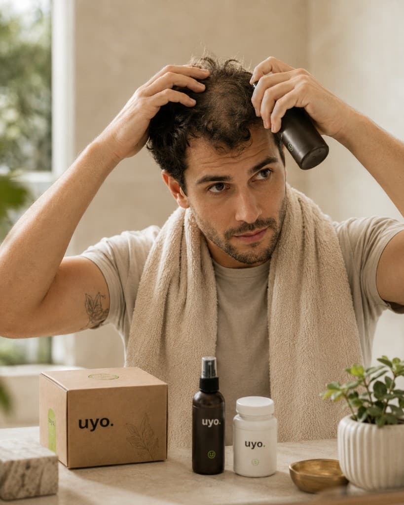 Homem a aplicar spray capilar uyo. na zona do coroamento, com caixa e frasco de suplemento em primeiro plano.