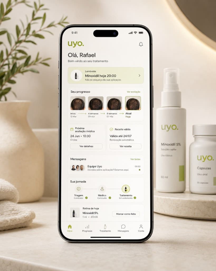 Smartphone com o app uyo.: lembrete de Minoxidil, progresso em fotos, próxima avaliação médica online, receita válida, mensagens e jornada triagem–médico–tratamento.