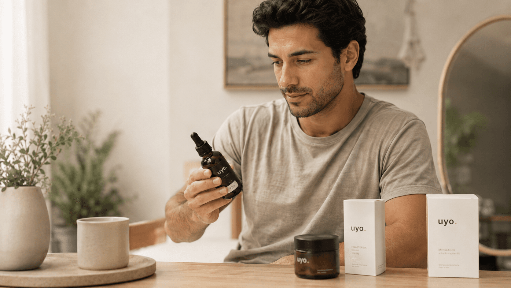 Homem observando a linha capilar no espelho, com produtos uyo. para tratamento prescrito.
