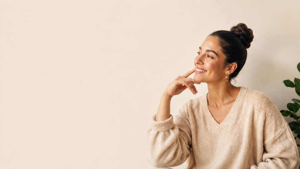 Mulher sorrindo em ambiente acolhedor, representando cuidado com saúde mental.
