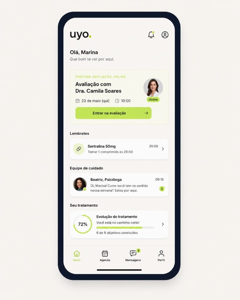 Smartphone com o app uyo.: saudação, próxima avaliação online com médica, lembrete de Sertralina, mensagens da equipe de cuidado e evolução do tratamento.
